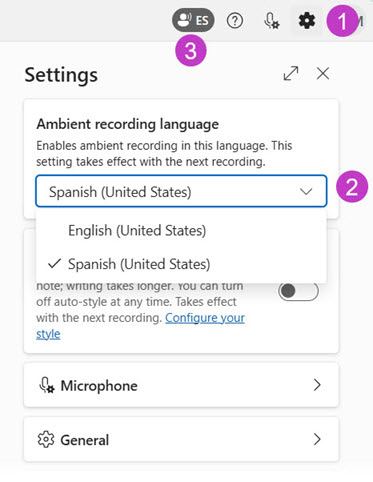 (1) Settings icon, (2) ambient recording language with Spanish selected, and (3) recording icon indicating Spanish.