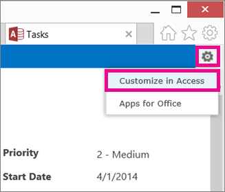 Customize in Access command on the Settings gear menu