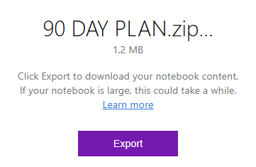 A popup in OneNote with an Export button.