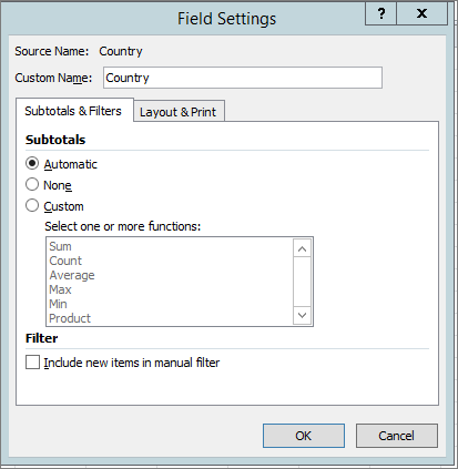 Subtotals & Filters tab in Field Settings dialog box