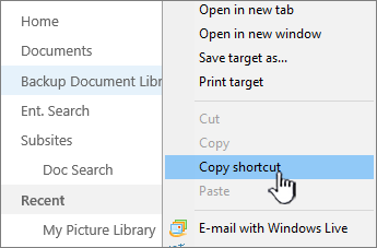 Right-click on library in quick launch, select Copy shortcut