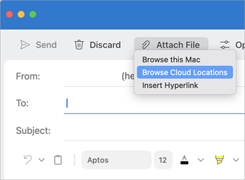 From a New Mail, select Attach File, and then select Browse Cloud Locations