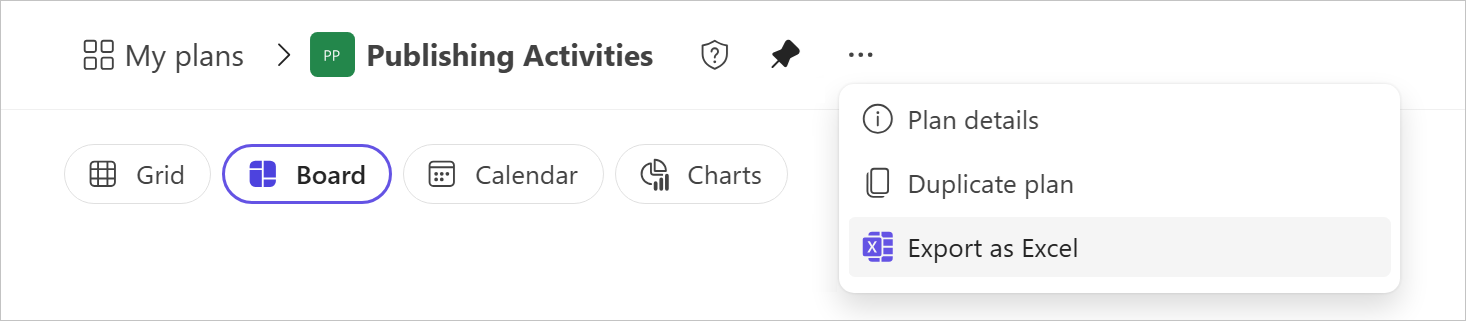 A cropped screenshot of a plan shows the menu dropdown with the option, “Export as Excel,” selected.