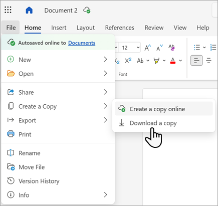 Screenshot showing the Download a copy command in Word for the web.