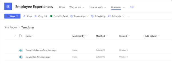 Image of the page templates in the department site
