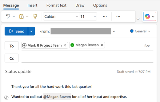 Email message showing @mention in body with name added to the To line