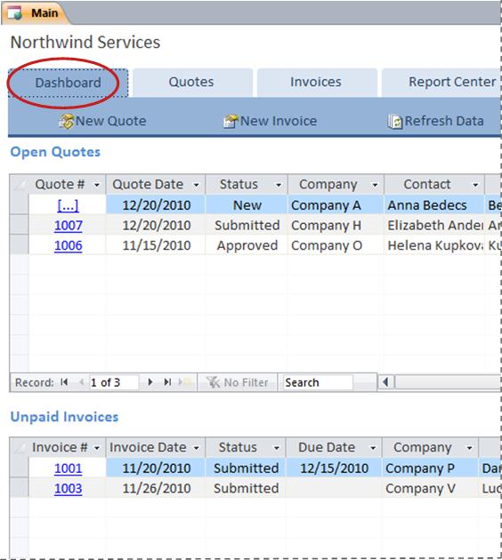 Dashboard tab of Services database template