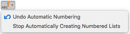 AutoCorrect button with auto numbering options shown