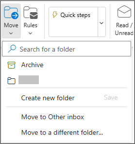 Screenshot of Move to a different folder on Outlook web