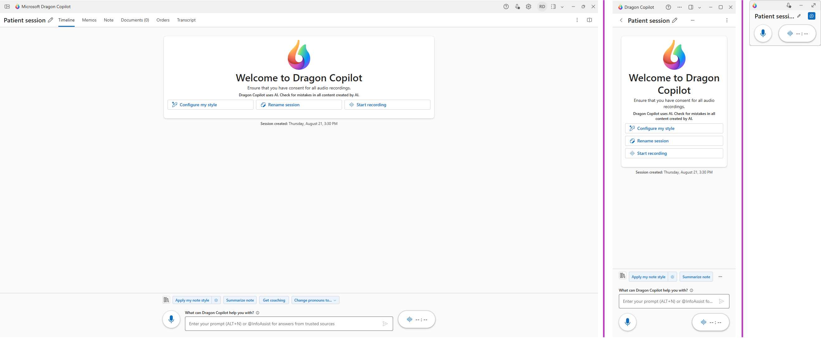 Dragon Copilot desktop views: standard, narrow, and compact