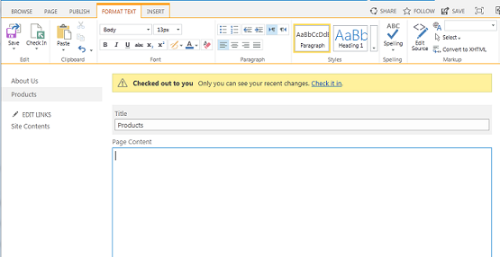 Screen shot of a new publishing page with a yellow bar indicating the page is checked out