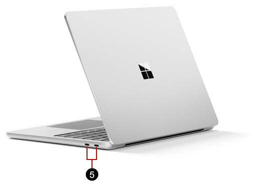 A Surface Laptop 13-inch with the hardware features labeled.