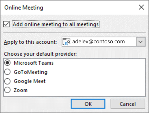 Outlook on Windows - select default online meeting provider
