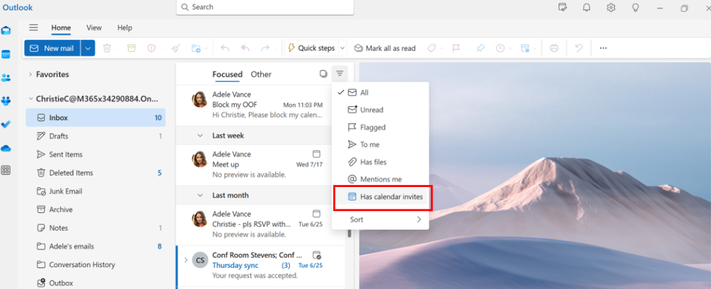 Screenshot shows executive admins can use the ‘has calendar invites’ email filter