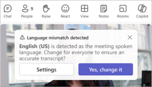 Screenshot of a Teams notification prompting to update a meeting's spoken language.