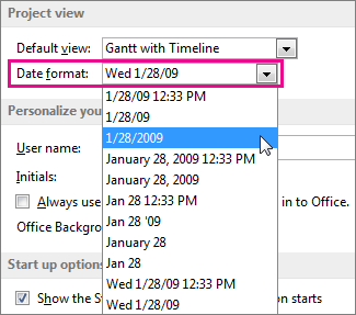Date format list in the Project Options dialog box