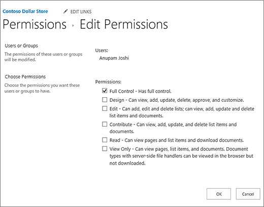 Change permisison levels in the permissions dialog