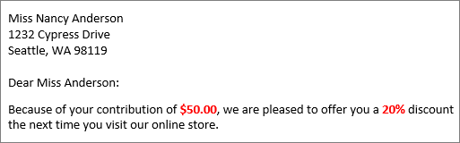 Mail merge results document reads "your contribution of $50.00" and "offer you a 20% discount."