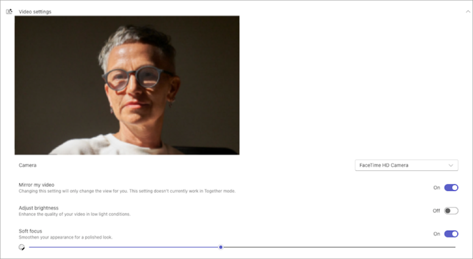 Screenshot showing video preview in Microsoft Teams device settings.