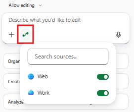 Select which sources you want Copilot to have available in chat.