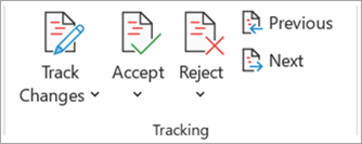 Screenshot showing the Tracking group with the Accept, Reject, Previous, and Next buttons in Word.