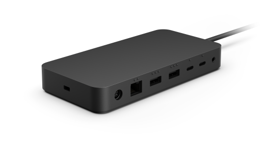 Shows the back and side of the Surface Thunderbolt 4 Dock, with its ports.