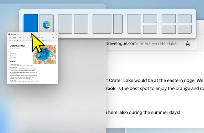 Screenshot of Snap assist prompting to select a layout.