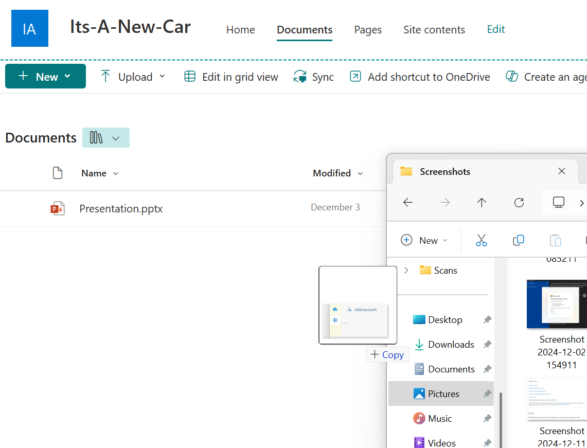 An image file being dragged from an Explorer window to a SharePoint document library