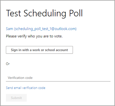 Option to verify your identity by either signing in with your work or school account or entering the verification code sent by email.