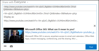 YouTube video pasted into a newsfeed post