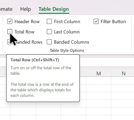 Cursor hovering over "Total Row" checkbox in Table Design menu