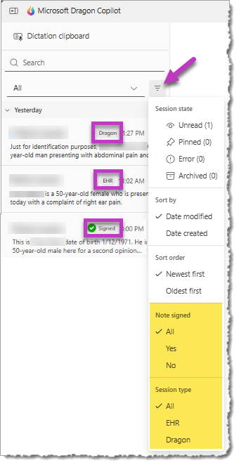 Image of the session list in Dragon Copilot displaying the filter options and labels for Dragon, EHR, and Signed sessions.