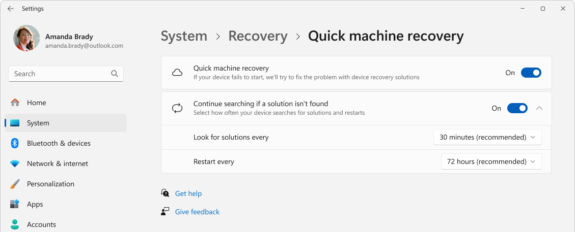 Screenshot of Settings > Recovery > quick machine recovery.