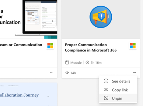 Select ... and then select Unpin to remove content from a learning tab