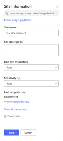 Screenshot of the Site information panel