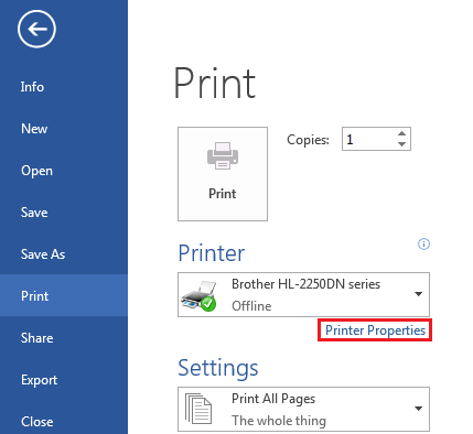 On the Print screen, click Printer Properties.