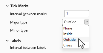 Tick mark and labels section of Format Axis panel
