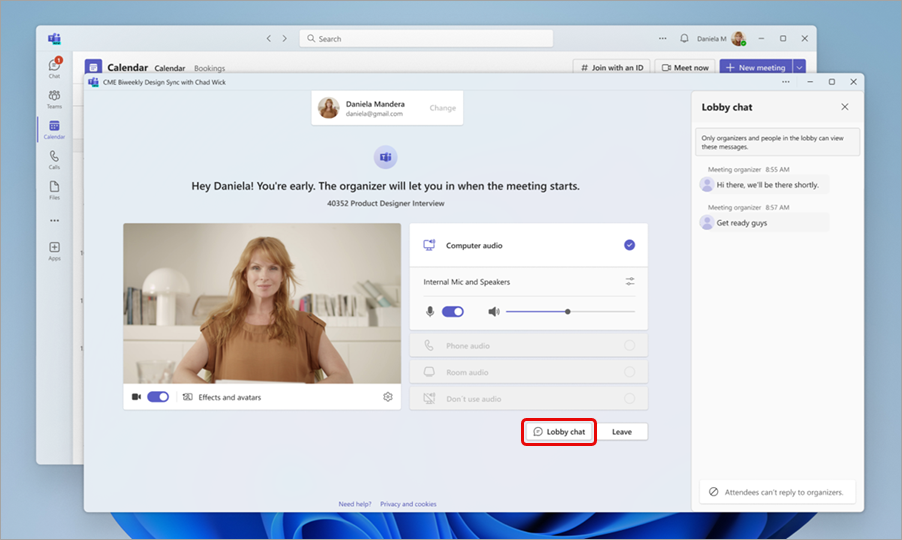 Screenshot showing the lobby chat pane open for a Teams meeting.