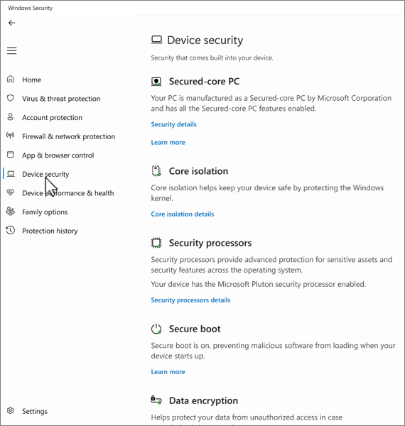 Screenshot of the device security screen in the Windows Security app.