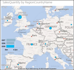 Power View map of Europe with bubbles showing sales amount