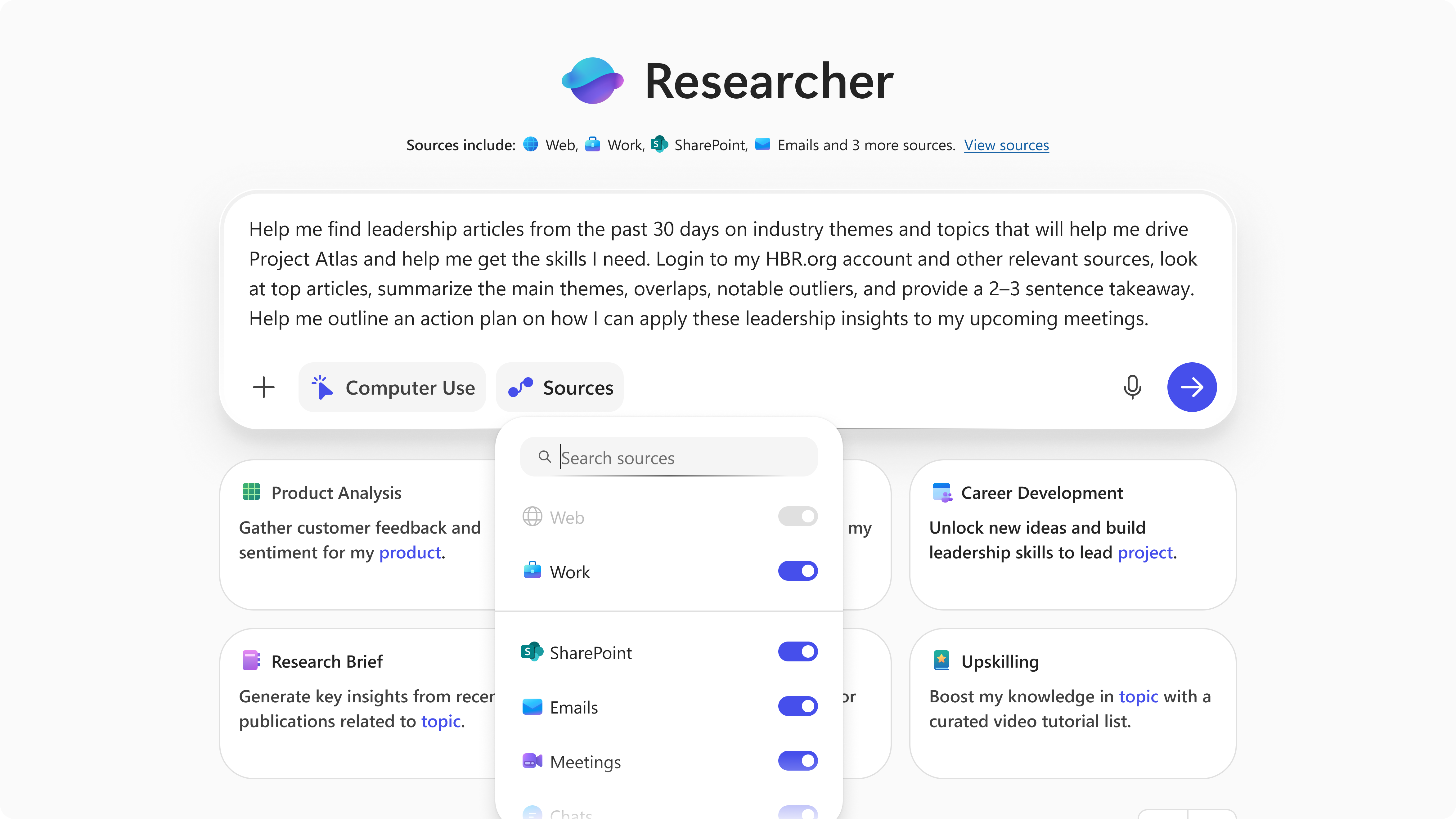 Screenshot showing the Researcher agent home screen with the Computer Use button showing in the prompt window.