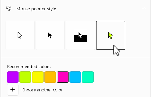 Windows mouse pointer options with the custom color selected.