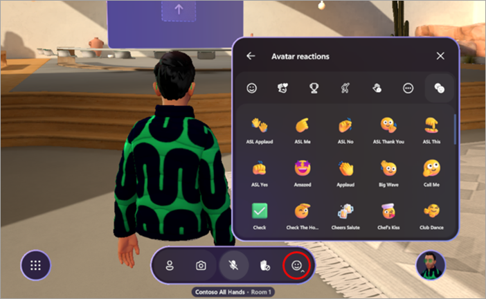 Screenshot showing the menu of avatar reactions in a Teams immersive event.
