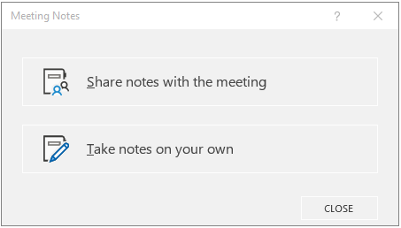 OneNote Meeting Notes dialog