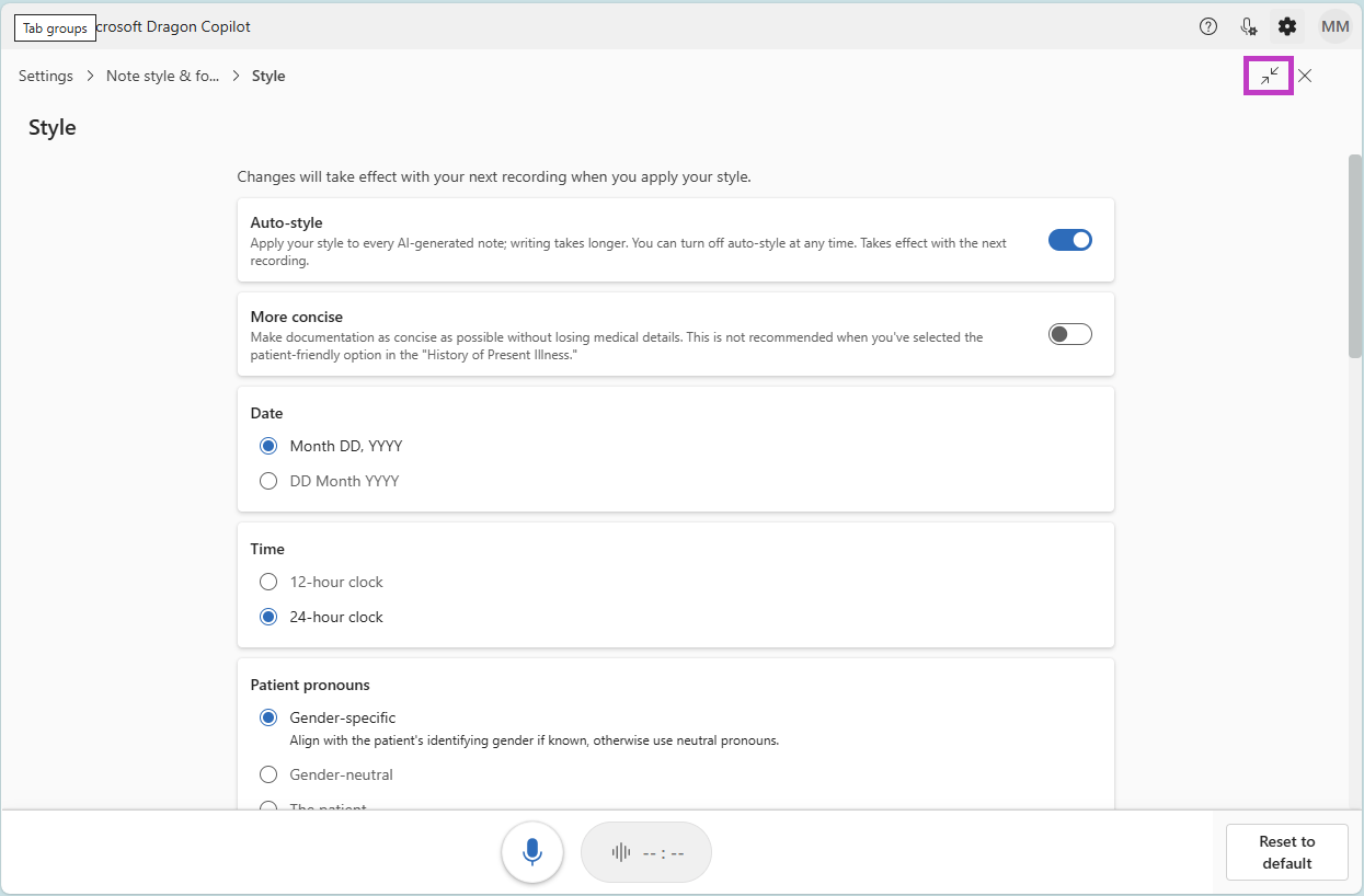 The Style settings screen highlighting the expand icon.