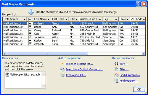 A basic mailing list in the Mail Merge Recipients dialog box.