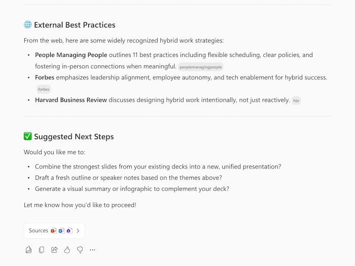 A screenshot of Copilot's response to create presentation, showing information about the requested topic and follow up questions.