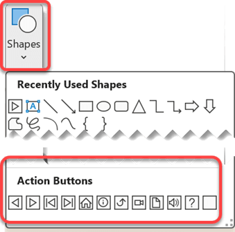 Shows the Shapes menu on the ribbon in PowerPoint with Action Buttons highlighted