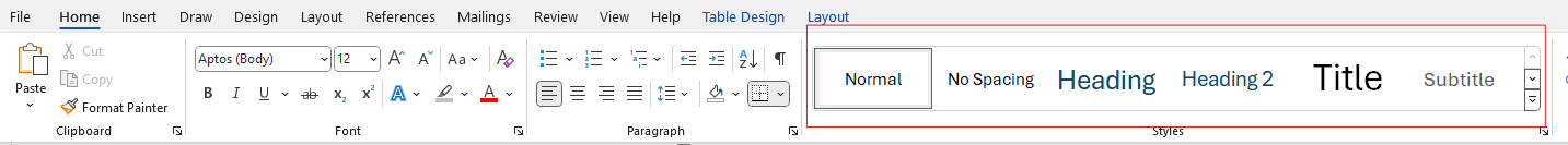 A screenshot which shows the location of styles group.