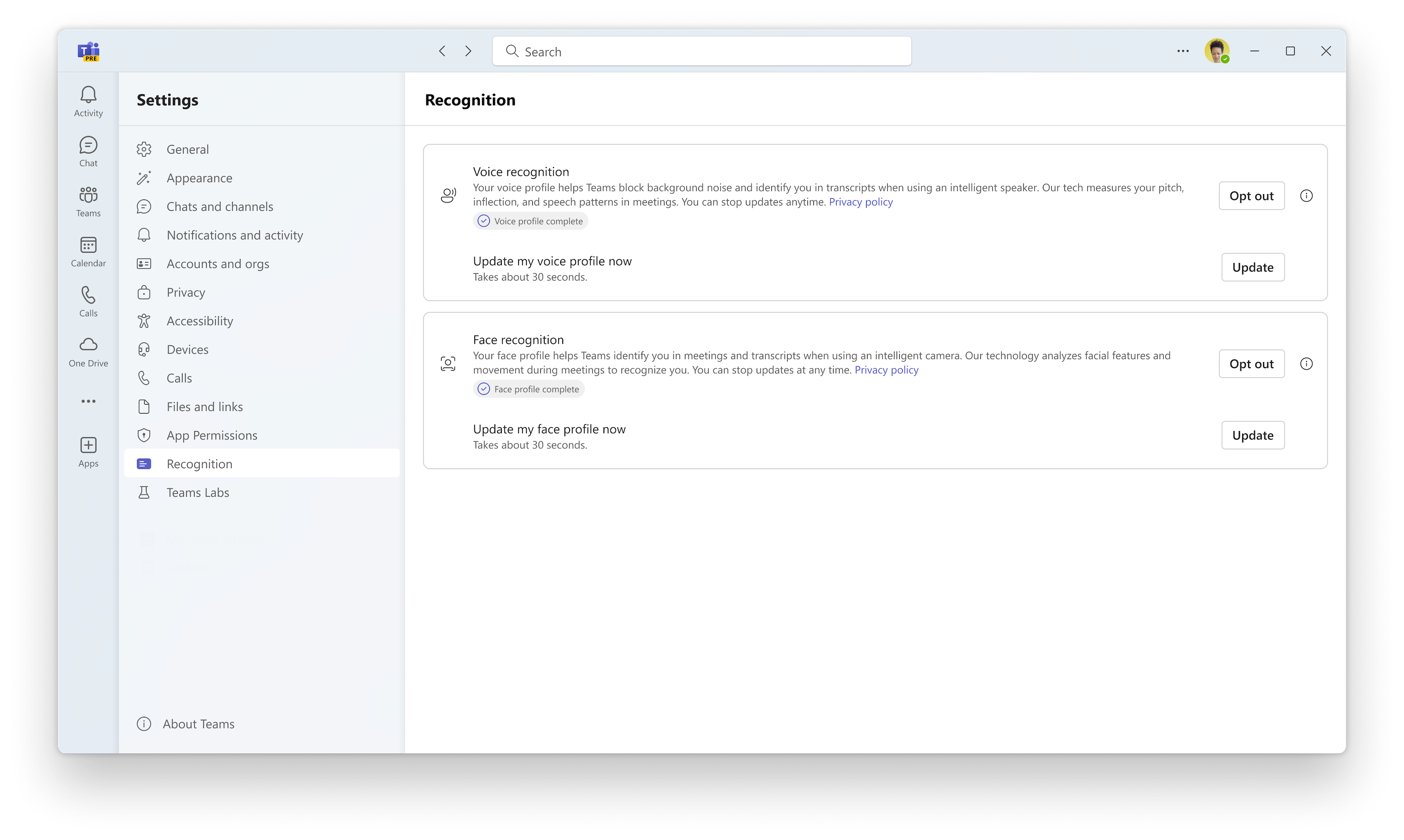 User is enrolled, user has option to update profile manually or opt-out